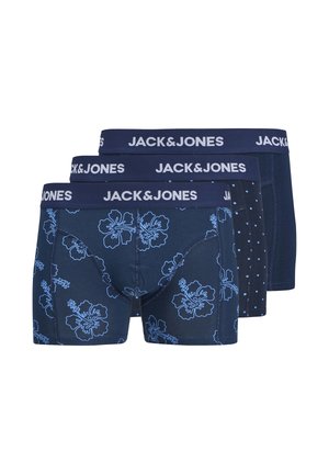 Trois paires de boxers pour hommes de Jack & Jones. Ils présentent un tissu bleu marine foncé, des motifs floraux et à pois, ainsi qu'une ceinture élastique avec logo.