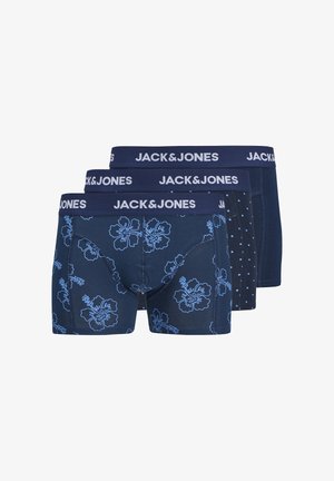 Tres pares de bóxers para hombre de Jack & Jones. Presentan tela azul marino oscuro, patrones florales y de lunares, y cintura elástica con logo.
