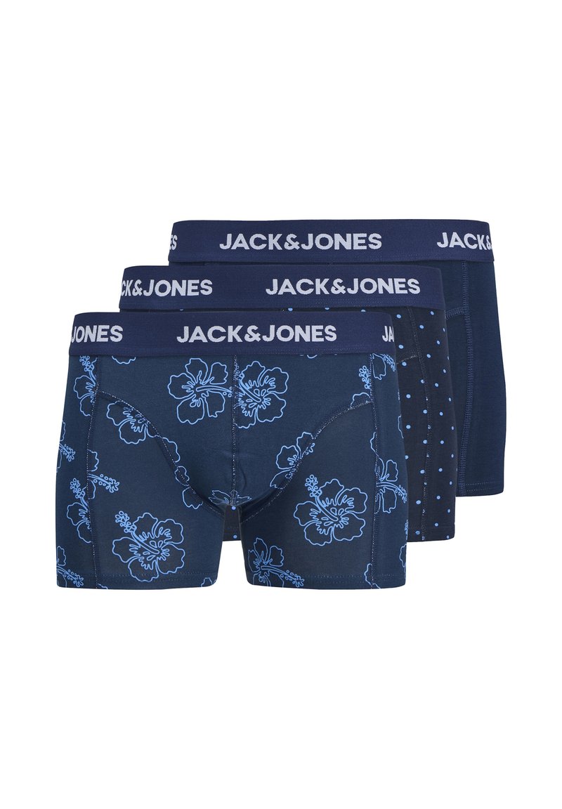 Trois paires de boxers pour hommes de Jack & Jones. Ils présentent un tissu bleu marine foncé, des motifs floraux et à pois, ainsi qu'une ceinture élastique avec logo.
