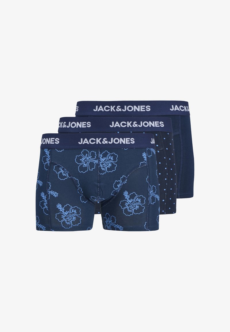 Trois paires de boxers pour hommes de Jack & Jones. Ils présentent un tissu bleu marine foncé, des motifs floraux et à pois, ainsi qu'une ceinture élastique avec logo.