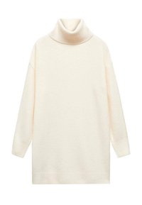 Krémový dlouhý rukáv rolák s ribbovanými manžetami a spodním lemem, vyrobený z měkké pleteniny, zobrazený na bílém pozadí.