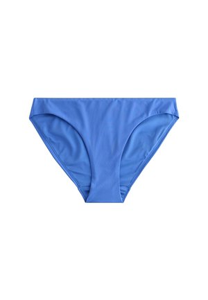 Modré dámske bikini nohavičky s klasickým strihom, hladkou látkou a bez viditeľných vzorov či ozdôb.