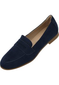 Mocassins en suède bleu marine avec une semelle plate, un bout arrondi et un détail de sangle décoratif sur le dessus. Doublure intérieure lisse.