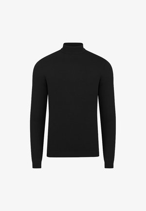 Czarny sweter z golfem, długimi rękawami, prążkowaną strukturą i dopasowanym krojem. Wykonany z miękkiego, elastycznego materiału.