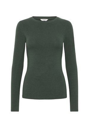Maglietta a maniche lunghe con colletto rotondo di colore verde scuro, realizzata in morbido tessuto di cotone. Design aderente con una superficie liscia e senza motivi o dettagli visibili.