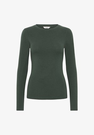 Dolgi rokav, majica s krožnim ovratnikom v temno zeleni barvi, izdelana iz mehke bombažne tkanine. Prikladna zasnova z gladko teksturo in brez vidnih vzorcev ali okrasnih detajlov.