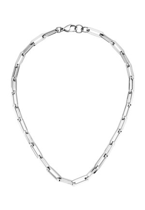 Silberne Kettenhalskette mit verlängerten rechteckigen Gliedern, die abwechselnd polierte und matte Oberflächen aufweisen, mit einem Karabinerverschluss.