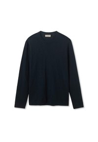 Långärmad skjorta i mörk marinblå, tillverkad av mjukt material. Har en rund halsringning och en avslappnad passform. Inga synliga mönster eller detaljer.