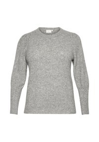 Grauer Pullover aus weichem Strickstoff, mit Rundhalsausschnitt, Puffärmeln und leicht lockerer Passform, ohne sichtbare Muster oder Akzente.