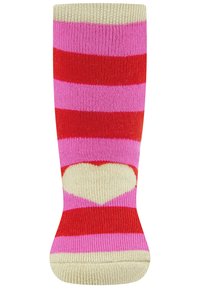 Calze fino al ginocchio con righe rosse e rosa alternate, con un cuore bianco alla base, realizzate in un morbido materiale a maglia testurizzata.