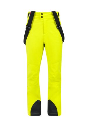 High-visibility yellow waterproof pants with black knee patches, adjustable black suspenders, and two button closure at the waist.