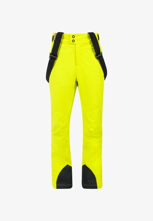 Pantalones impermeables de color amarillo de alta visibilidad con parches negros en las rodillas, tirantes negros ajustables y dos botones de cierre en la cintura.