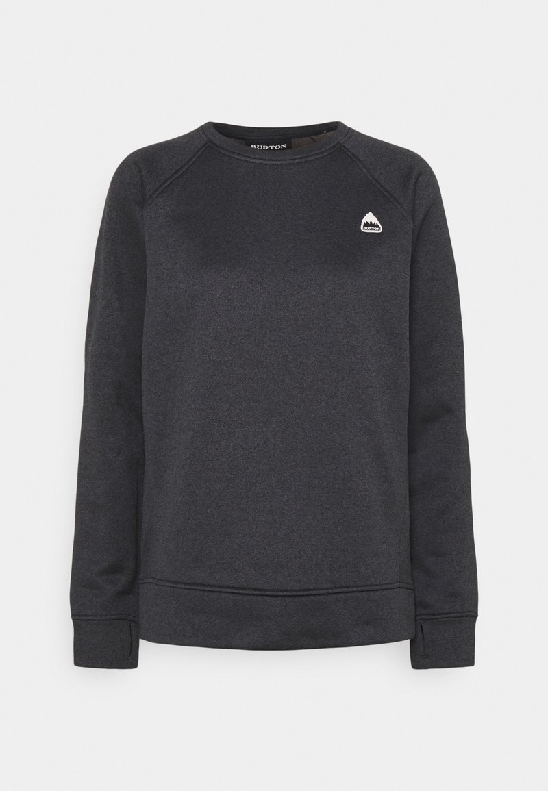 Sweat-shirt gris foncé à manches longues avec col rond, petit logo blanc Burton sur le côté gauche de la poitrine, et poignets et ourlet côtelés.