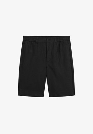 Schwarze Shorts aus einem leichten Material, mit elastischem Bund, Knopfverschluss und geradem Schnitt ohne Muster.