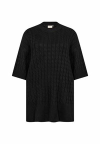 Svart stickad sweatshirt med ett flätmönster, breda korta ärmar och rund halsringning. Strukturerad tyg och avslappnad passform.