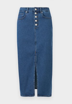 Blå denim midi-nederdel med frontslids, knaplukning og fem-lomme design.