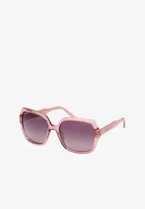 Ochelari de soare polarizați roz cu ramă pătrată, lentile nuanțate în degrade și brațe transparente, elegante. Accente texturate pe ramă.