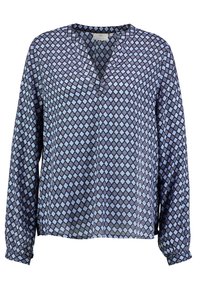 Blusa a maniche lunghe in un tessuto morbido e leggero, caratterizzata da un motivo geometrico a diamante in tonalità di blu e nero con scollatura a V.