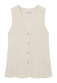 Beżowy prążkowany sweter bez rękawów z dekoltem w serek, zapięciem na guziki z przodu i luźnym krojem. Na całej tkaninie widoczny jest fakturowany wzór.