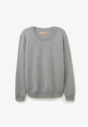 Gray sweater made of soft fabric, featuring a round neckline, ribbed cuffs, and hem, with a minimalistic design and no visible patterns.
