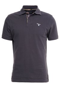 Polo shirt marine en coton avec un col classique, des manches courtes et un motif à carreaux discret à l'intérieur du col. Présente un logo sur la poitrine.