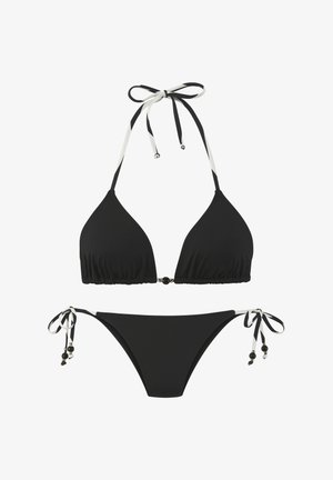 Czarny zestaw bikini z trójkątnym topem z regulowanymi białymi wiązaniami i koralikowym akcentem, w komplecie z pasującymi majtkami na wiązaniu po bokach.