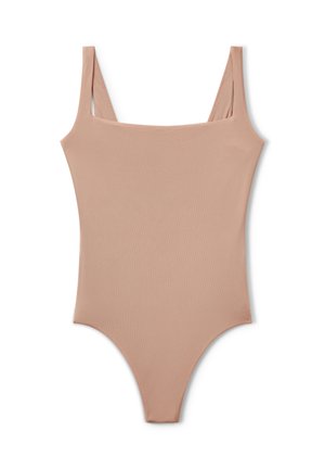 Bañador de una sola pieza en color nude con textura acanalada, que presenta tirantes anchos y un diseño de pierna alta para una silueta ajustada.