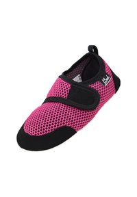 Leichte pinke Mesh-Schuh mit einer schwarzen gummierten Zehenkappe und Sohl. Verfügt über einen Klettverschlussriemen an der Oberseite für einen sicheren Sitz. Strukturiertes Design.
