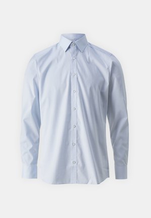Camicia azzurra a maniche lunghe con bottoni, realizzata in tessuto liscio, caratterizzata da un colletto classico e chiusura frontale con bottoni. Design semplice, senza motivi.