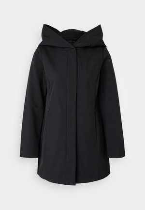 Cămașă cu glugă de culoare neagră, realizată dintr-un material Neted, având un fermoar frontal, mâneci lungi și două buzunare laterale. Design simplu, minimalist.