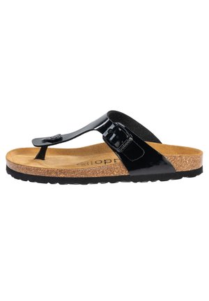 Black patent leather flip-flop sandal with a cork footbed, textured upper strap, and adjustable buckle, featuring a flat rubber sole.