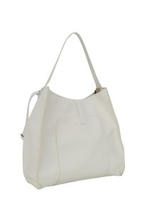 Borsa hobo bianca in pelle con una sola tracolla, texture liscia, tasca frontale e dettagli di cucitura sottili.