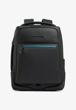 Sac à dos Piquadro noir avec bretelles rembourrées, poche avant zippée avec fermeture éclair turquoise et poignée supérieure.
