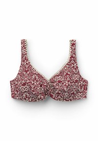 Burgundy-bh med vitt blommönster, mjukt material och spetskant längs halsringningen. Har breda axelband och en twist-framdesign.