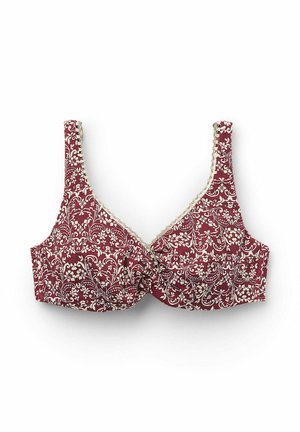 Soutien-gorge bordeaux avec un motif floral blanc, en matériau doux, et un bord en dentelle le long de l'encolure. Il dispose de bretelles larges et d'un design à torsion à l'avant.