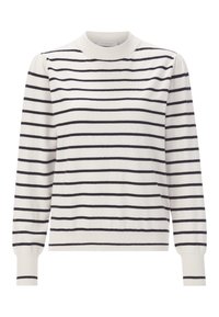 Pullover-Sweater in Creme mit navyblauen horizontalen Streifen. Verfügt über einen hohen Kragen und lange Ärmel mit gerippten Bündchen und Saum. Weiche Textur.