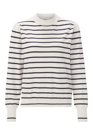 Pullover sweater in cream with navy horizontal stripes. Features a high neck and long sleeves with ribbed cuffs and hemline. Soft texture.
