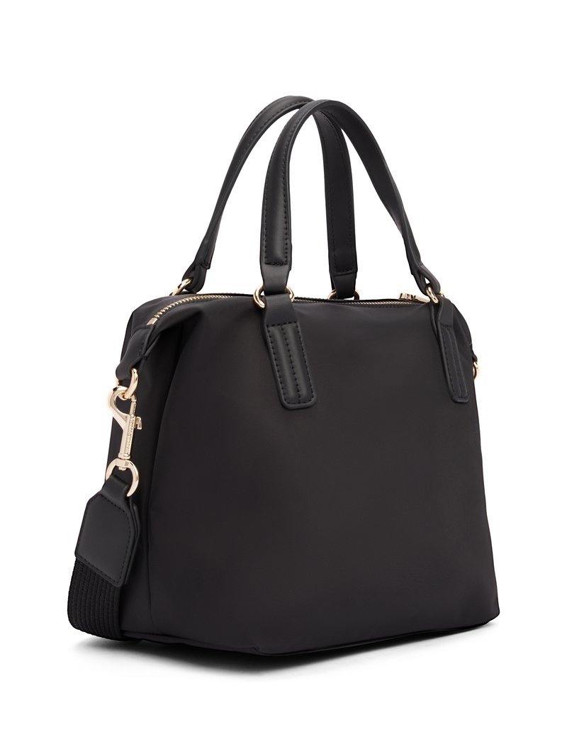 Sac à main noir en synthétique avec poignées doubles, quincaillerie dorée et une bandoulière amovible. Son design structuré présente une texture lisse et une fermeture éclair.