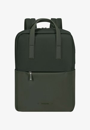 Green backpack with a textured fabric finish, dual handles, padded shoulder straps, and a zippered pocket at the front.