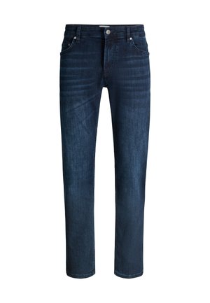 Donkerblauwe slim-fit jeans met knoop- en ritssluiting aan de voorkant, vijf zakken en subtiele vervaging op de dijen en knieën.