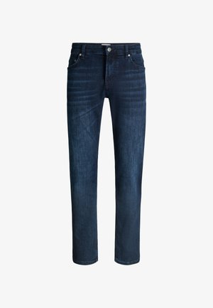Donkerblauwe slim-fit jeans met knoop- en ritssluiting aan de voorkant, vijf zakken en subtiele vervaging op de dijen en knieën.