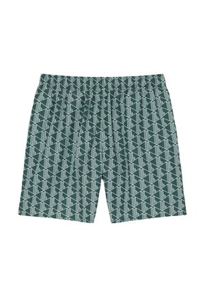 Shorts à taille élastique verte avec un motif géométrique répété de triangles blancs et de lignes.