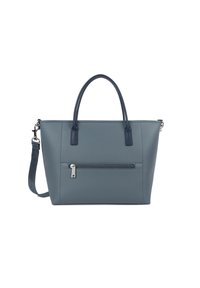 Sac à main en cuir texturé gris avec double poignées, bandoulière amovible et poche zippée extérieure. Présente un design élégant et structuré.