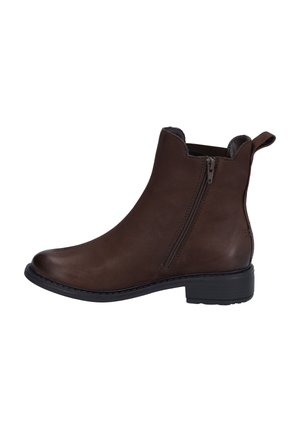 Braune Leder-Ankle-Boots mit einem seitlichen Reißverschluss, rundem Zehenbereich, kleinem Blockabsatz und elastischen Einsätzen im oberen Bereich für ein einfaches An- und Ausziehen.
