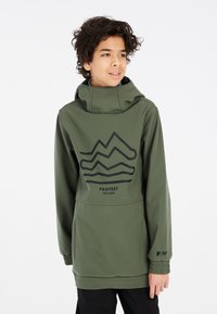Groene hooded jacket met elastische manchetten, voorzien van een zwart berggrafiek. Gemaakt van duurzaam materiaal, ontworpen voor buitenactiviteiten.
