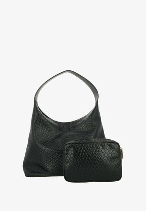 Borsa a mano in pelle nera con motivo a serpente texturizzato. Presenta una maniglia curvata e una pochette rettangolare removibile con zip.