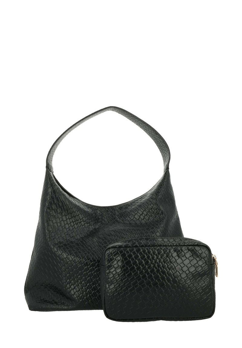 Borsa a mano in pelle nera con motivo a serpente texturizzato. Presenta una maniglia curvata e una pochette rettangolare removibile con zip.