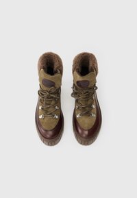 Botas de senderismo marrones y verdes con parte superior de ante, forro de piel, ojales de metal y suela de goma. Parche de logo distintivo en la lengüeta.