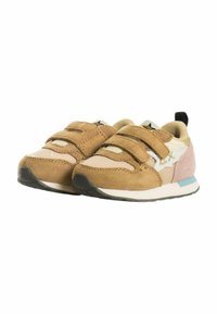 Sneakers in velcro con suede marrone e dettagli rosa. Presentano un logo bianco, punta rotonda e un tab sul tallone nero. Suola in gomma leggera.