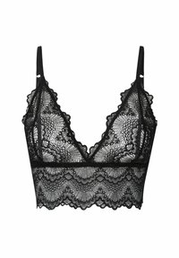 Svart spets-bh med scalloperade kanter, justerbara band och ett blommönster. Mjuk, genomskinlig material med en triangulär form.